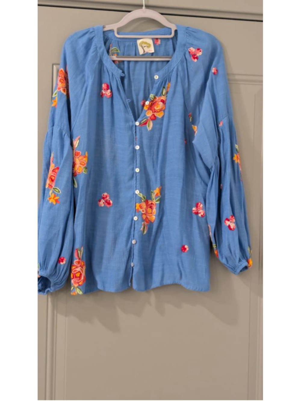 Women's Fig and Flower Blue Floral Embroidered Blouse